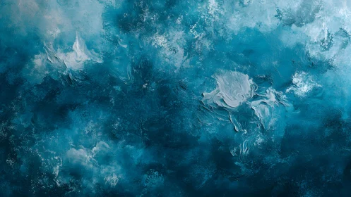 Abstract blue and white textured painting with swirling brushstrokes.