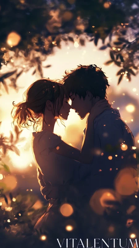 Anime sunset embrace with bokeh-lit foliage framing silhouettes.