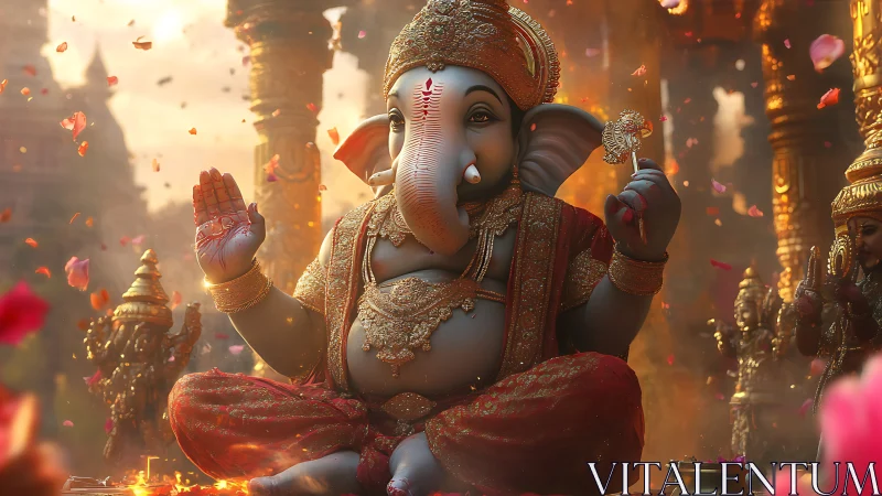 Digital painting of Ganesha in ceremonial golden temple space.