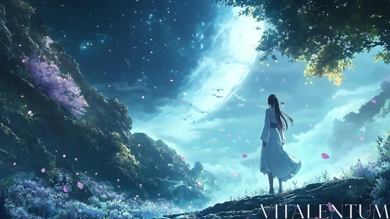 Celestial valley vista with lone robed figure under luminous moon