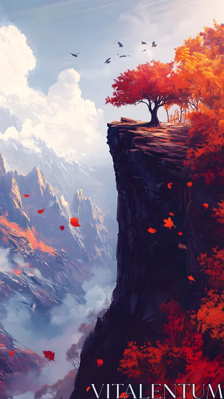 Crimson trees crown mountain cliff above misted valley.