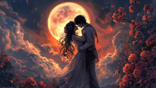 Couple kissing under massive reddish moon with flowering vines