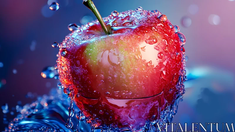 Glowing red apple erupts through splashing crystal water.