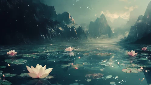 Mystic lotus lake mirrors misty mountains at twilight.