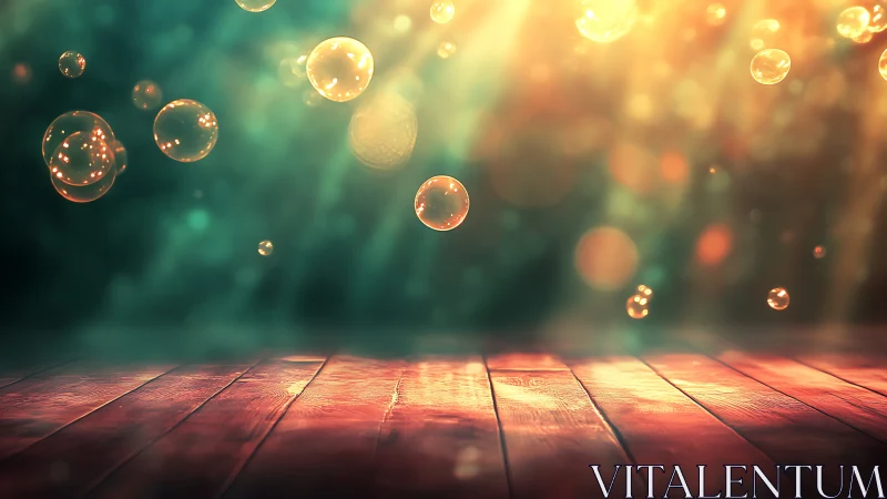Sunlit bubbles drift above a glowing wooden dreamstage.