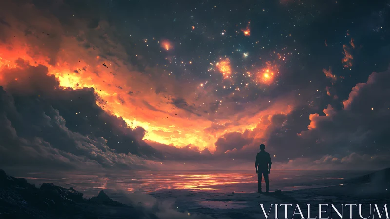 Silhouette observing fiery cosmic sky over reflective shore.