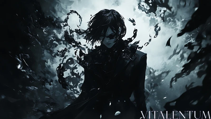 Solitary dark figure with dissolving abstract black forms.