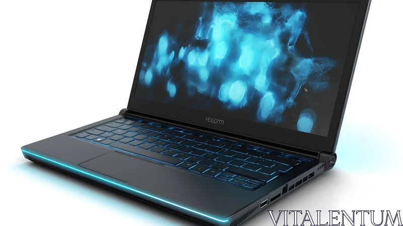Neon-keyed cyber laptop humming with electric blue light.
