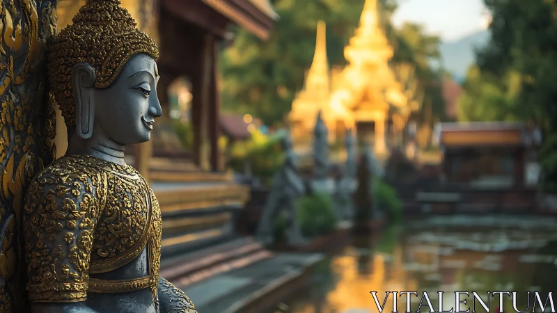 Golden Buddha statue overlooks tranquil temple pond at dusk.