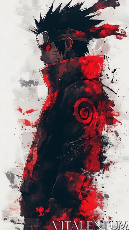 Crimson-eyed shinobi in storm of ink and battle-born flame.