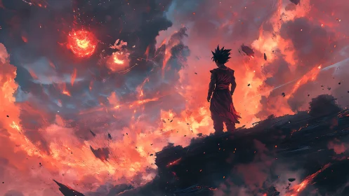 Lone warrior faces burning storm sky over shattered ridge.