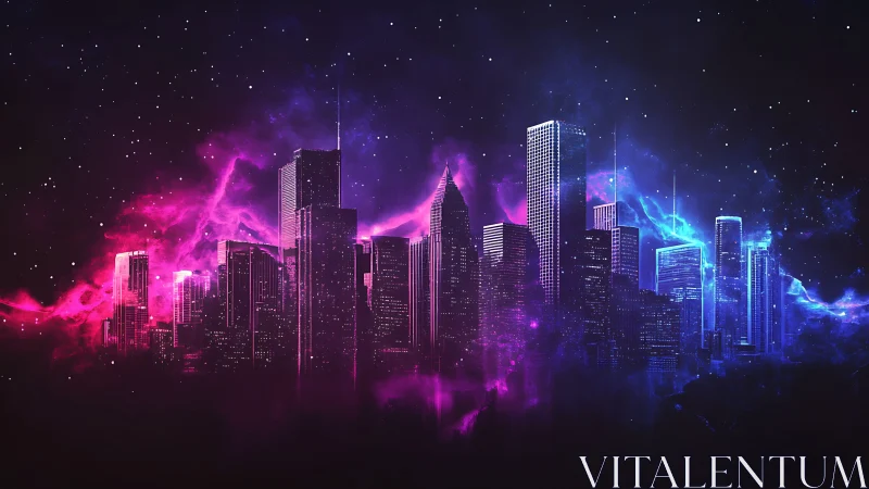 Neon-lit city skyline stands against cosmic starfield glow