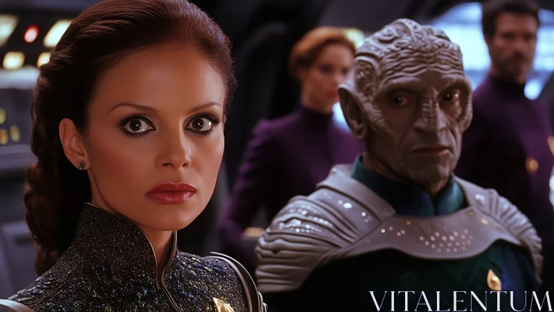 Human commander and alien diplomat share tense starship moment.