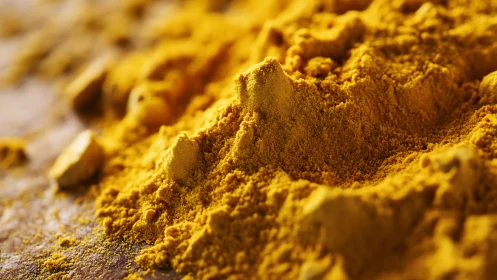 Close-up macro view of yellow turmeric spice powder mound.