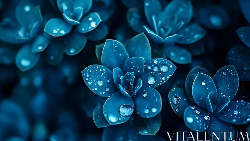 Water droplets resting on blue succulent plant leaves