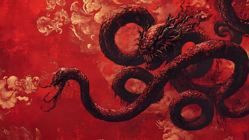 Fiery serpent dragon swirling through clouds of red light.