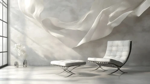 Minimalist lounge with Barcelona chair, ottoman and sheer drape