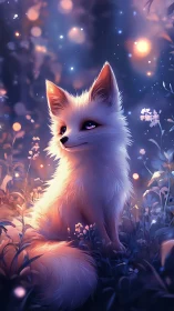 White fox with glowing fur in dreamy night meadow.