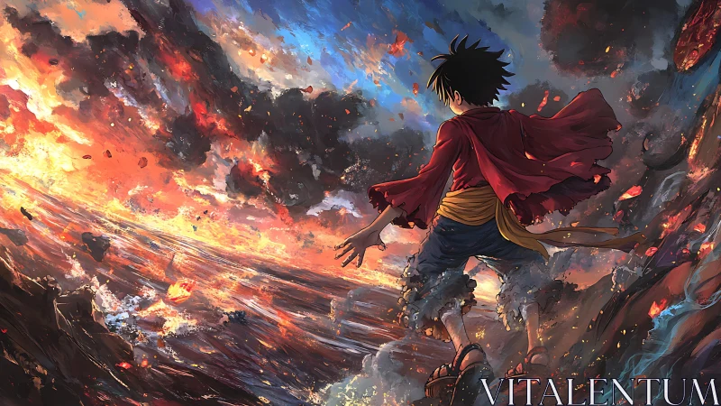 Young adventurer facing a blazing, storm lit horizon.