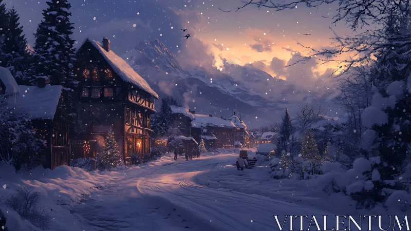 Snowy alpine village street under warm evening lights.