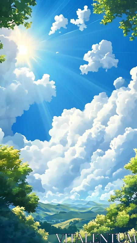 Sunlit clouds tumble over hills in a bright summer chorus