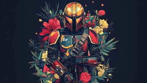 Armored wanderer framed by vivid cosmic wildflowers.