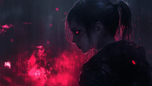 Lone cyberpunk girl glows with quiet power in neon rain