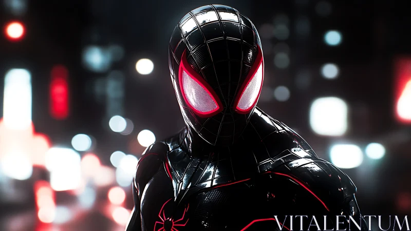 Midnight hero in sleek black suit glows against neon city