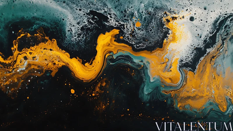 Abstract teal and gold fluid wave across dark canvas.