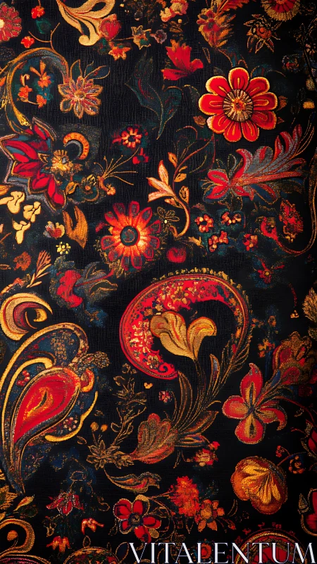 Midnight garden tapestry glowing with fiery florals.