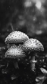 Monochrome macro of rain-soaked forest mushrooms in focus.
