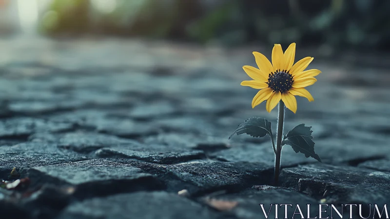 Single yellow daisy emerging through cracked cobblestone pavement
