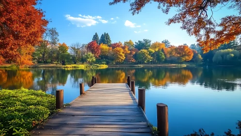 Wooden lakeside pier extends toward calm reflective water surface
