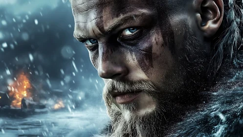 War-scarred Viking warrior in icy cinematic close-up portrait.