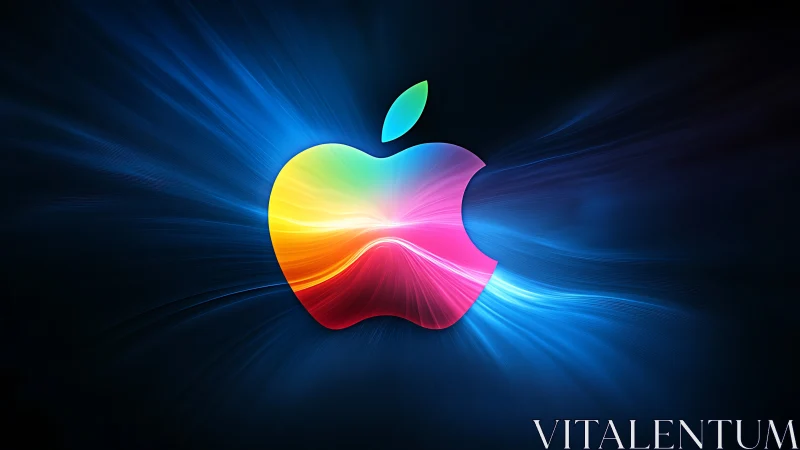 Multicolor apple emblem with radiant blue motion streaks.
