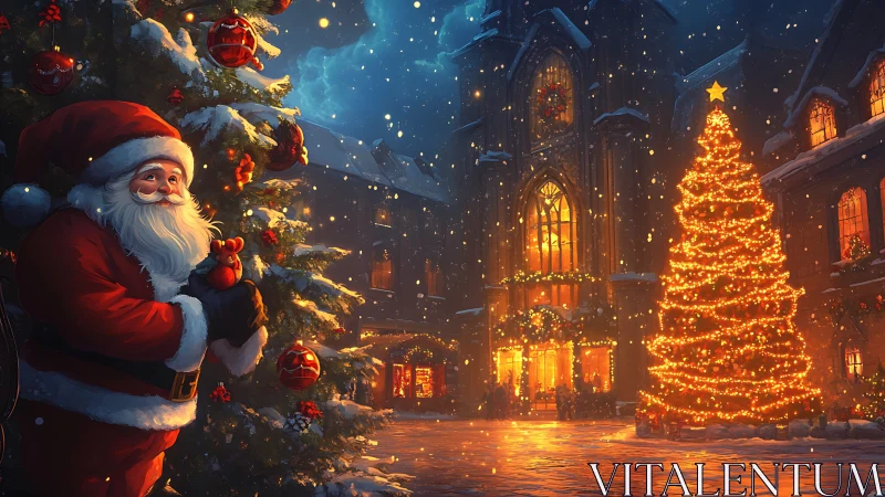 Santa Claus in snowy town square with glowing tree.