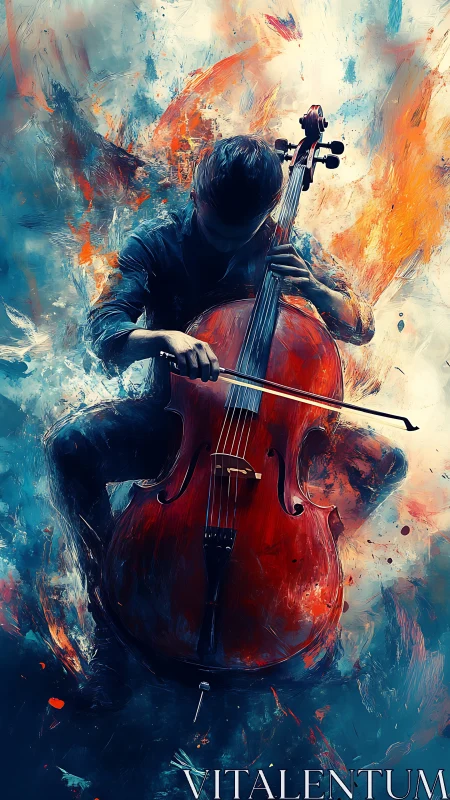 Passionate cellist immersed in swirling fire and color.