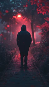Hooded figure walks alone beneath neon red night fog