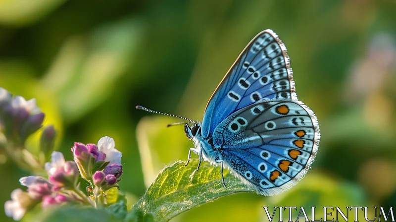 Blue meadow butterfly pausing on sunlit leaf in spring hush.