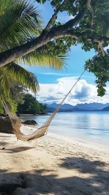 Tropical Beach Paradise with Hammock and Mountain Vista.