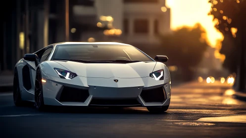 Photorealistic low-angle supercar portrait at golden hour.