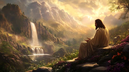 Figure in robe overlooking sunlit mountains and falls.