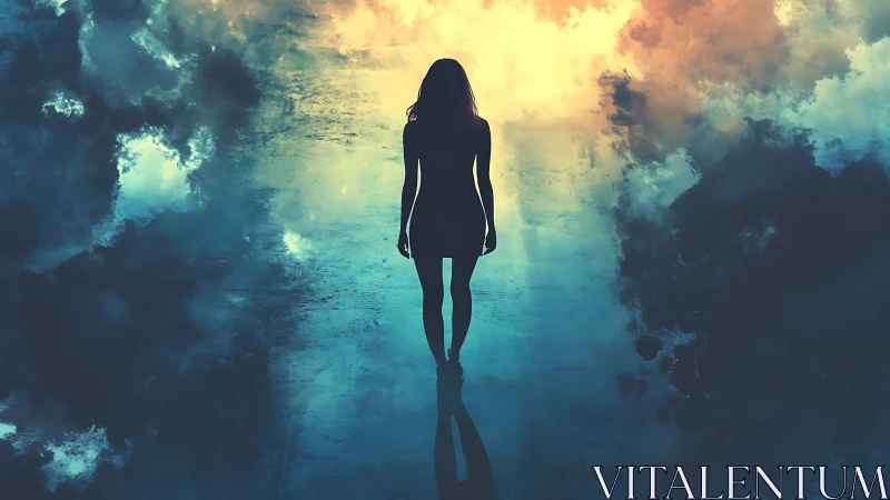 Silhouetted figure in dual-toned atmospheric digital painting.