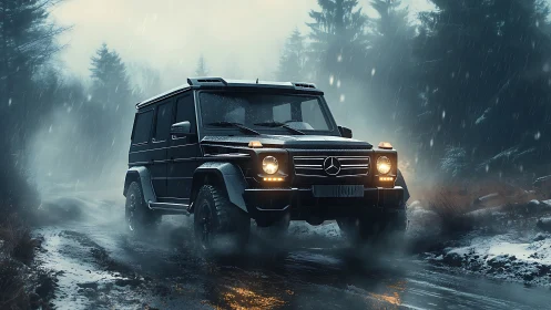 Mercedes G-Class SUV driving on muddy forest road in rain.