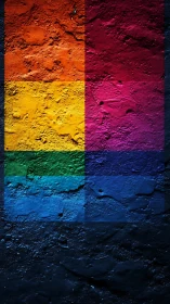 Textured rainbow color blocks on rough dark wall surface.
