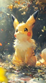 Gentle Pikachu sits in glowing autumn light and soft leaves