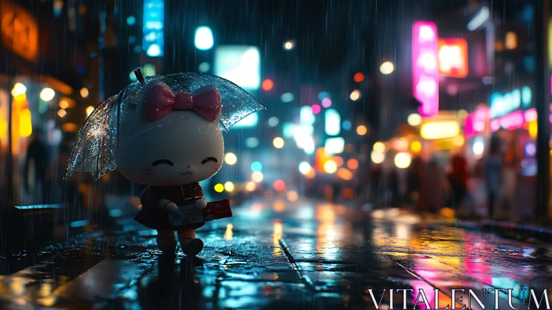 Chibi rainwalker under luminous neon city downpour.