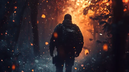 Lone hiker walks through fiery glowing forest path at dusk.