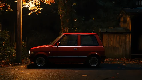 Red compact hatchback under warm streetlight at night.