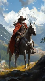 Mountain ranger on horseback surveys sunlit alpine valley.